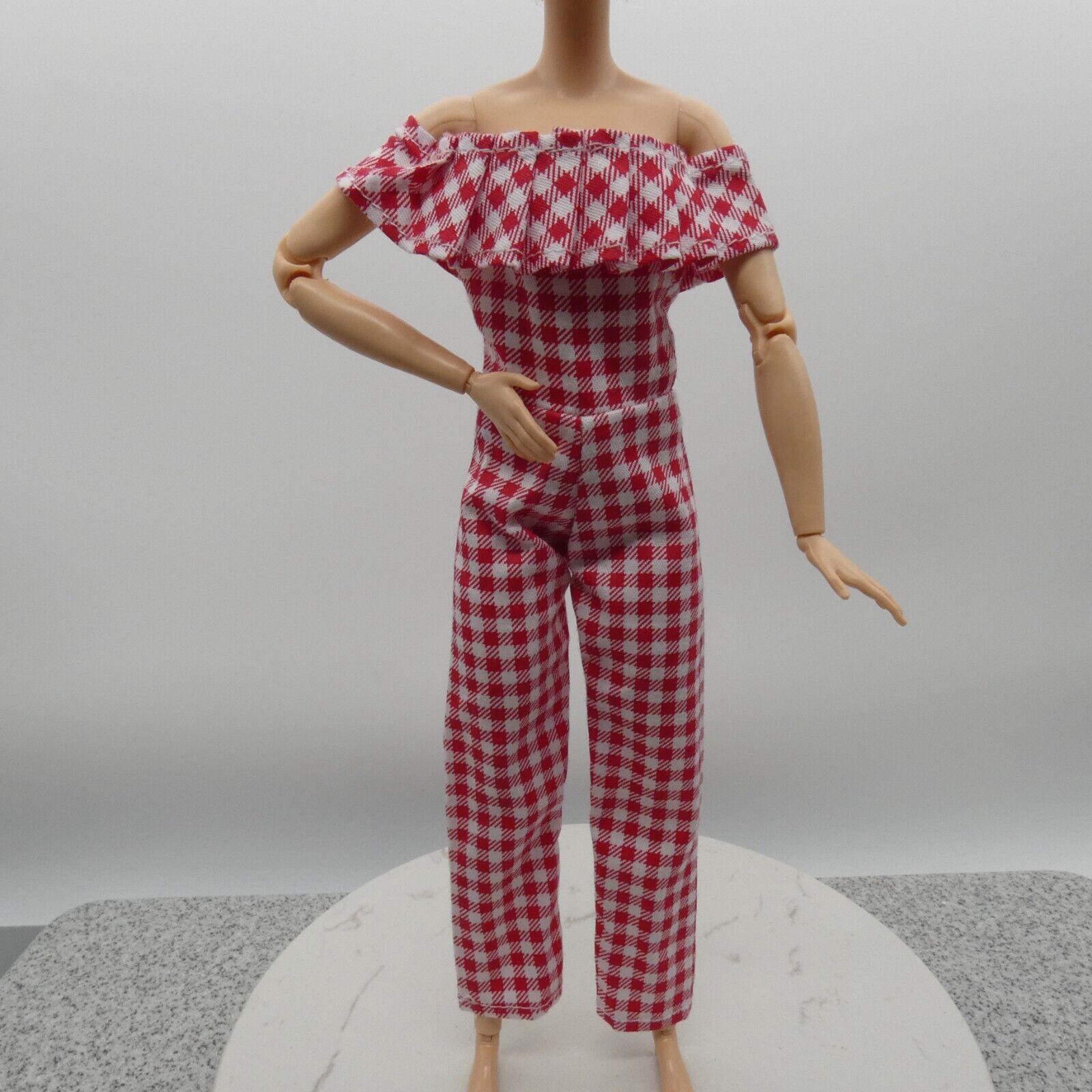 Barbie Doll Size Jumpsuit Red White Gingham Cold Shoulder Ankle Fit Made To Move