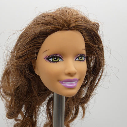 Barbie Doll Head Summer Face Missing Make-up Eyebrows Brown Hair Green Eyes