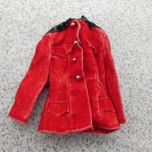 Barbie Doll Size Coat Jacket Red Long Sleeve Felt Crushed Velvet Like Distressed