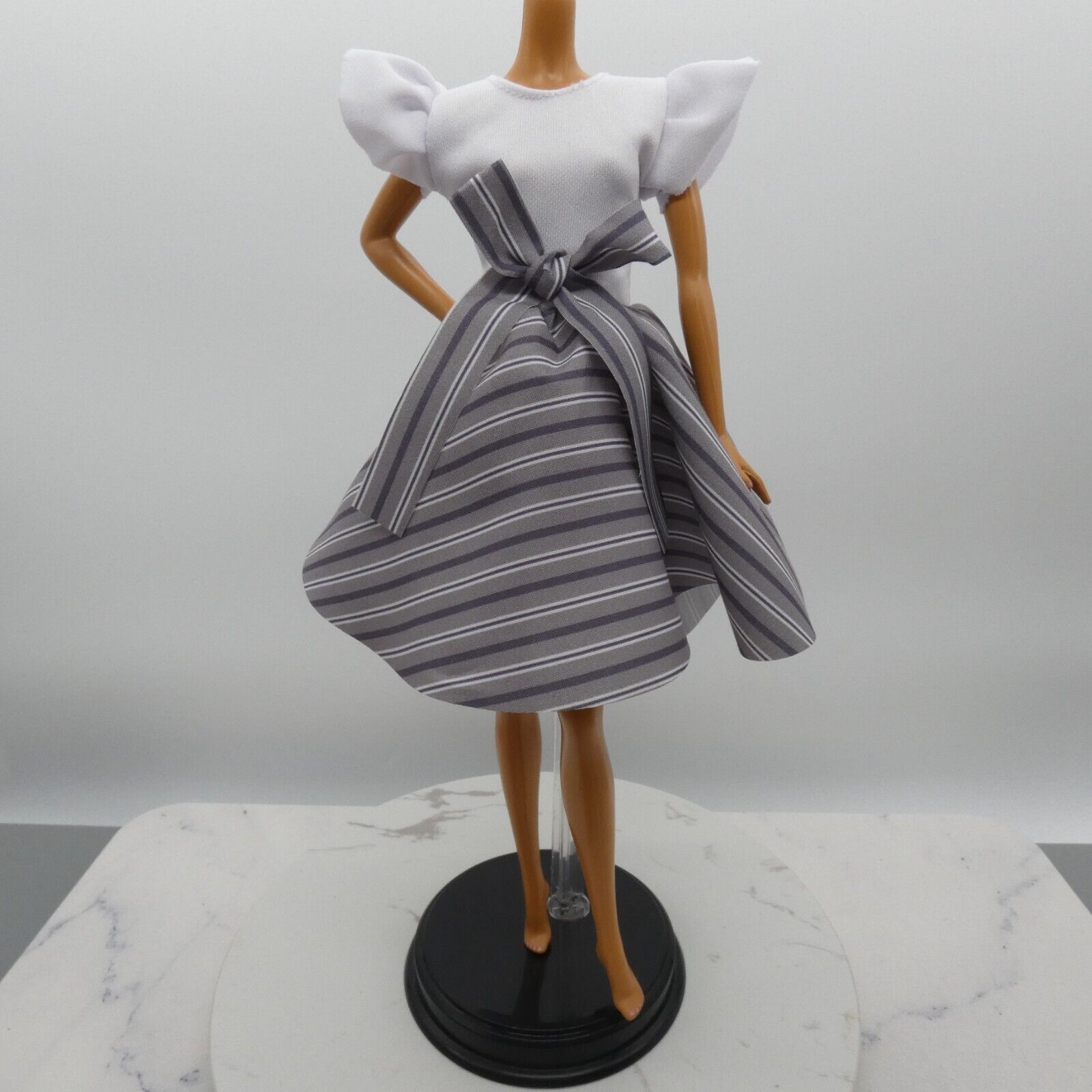 Barbie Doll Size Dress White Top Black Gray Striped Skirt Fits Model Muse MTM