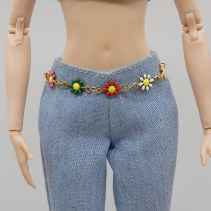 Barbie Doll Size Belt Multicolor Daisies Flowers Gold Chain Adjustable Handmade