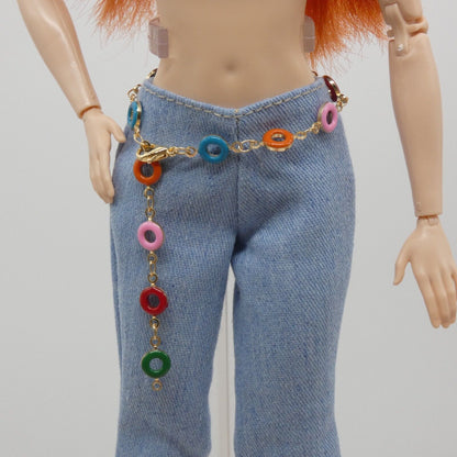 Barbie Doll Size Belt Multi Color Beaded Silver Chain Handmade Adjustable