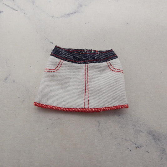 Barbie Doll Size Mini Skirt White Denim Like Blue Waistband Red Trim Fashionista