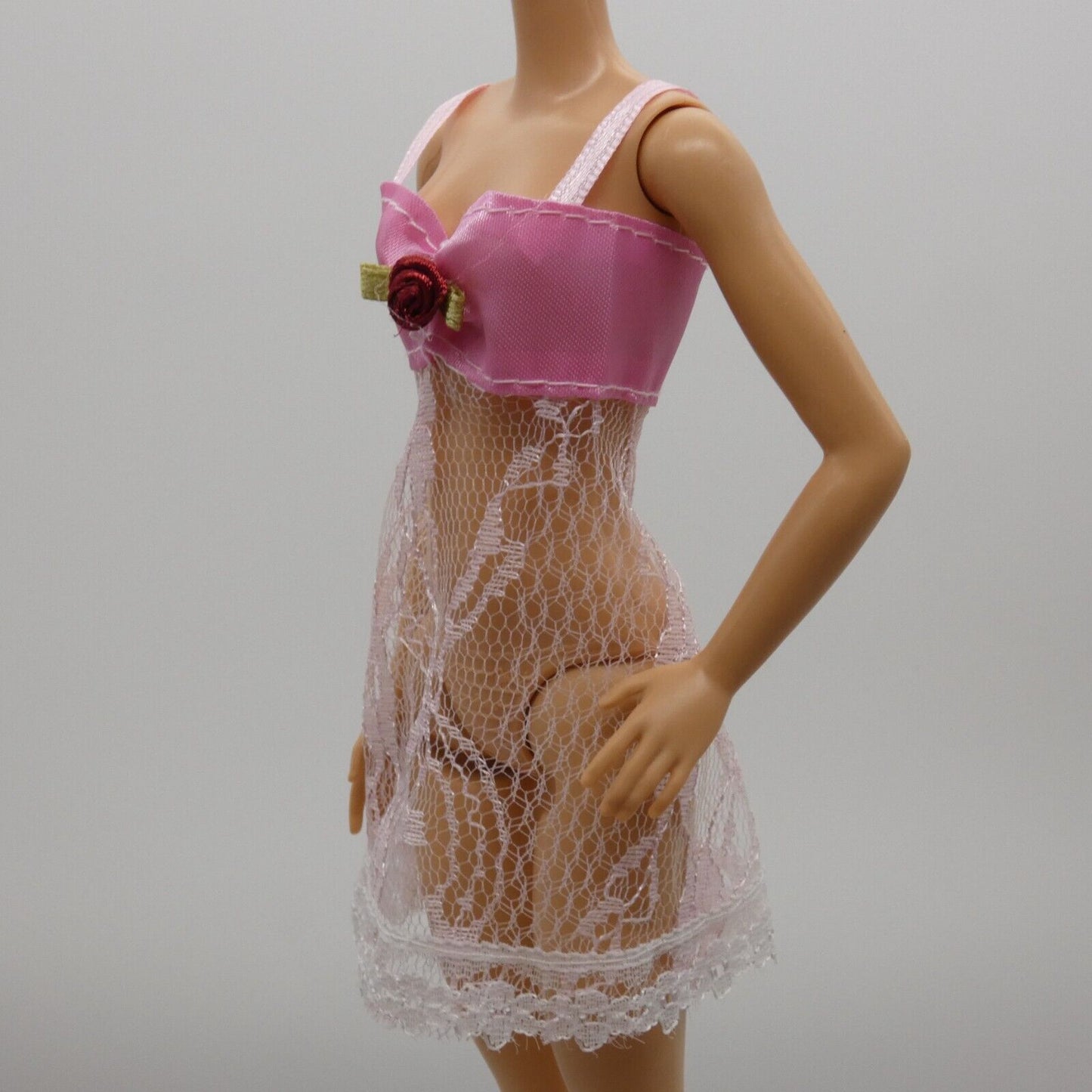 Barbie Doll Size Pink Lace Nightgown Nighty Red Rose