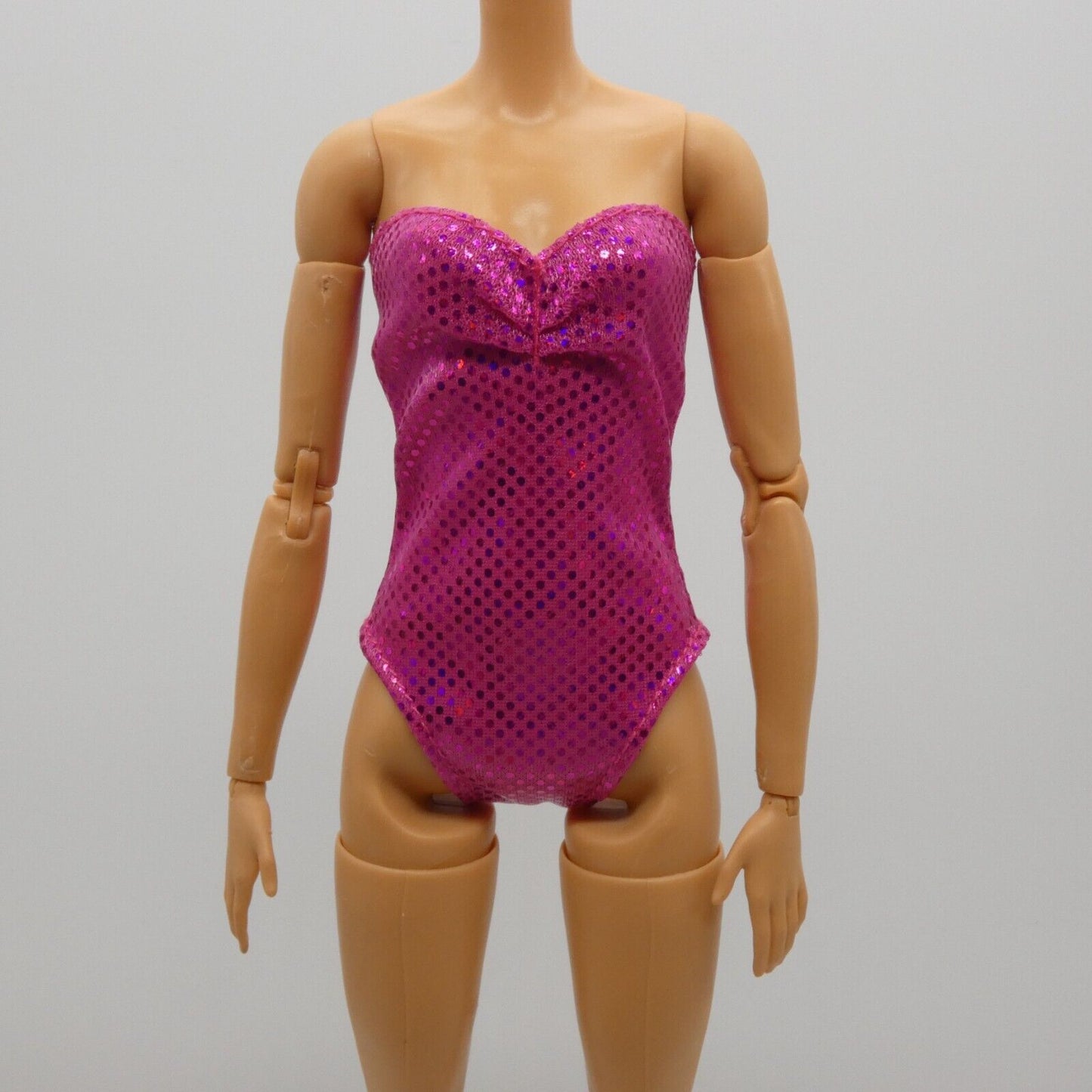 Barbie Doll Size Metallic Pink Swimsuit One Piece Solid Magenta Strapless Clone