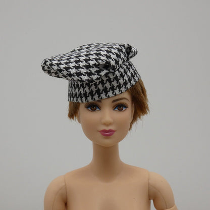 Barbie Doll Size Black White Houndstooth Hat Beret Fits 11 And 12 Inch Dolls