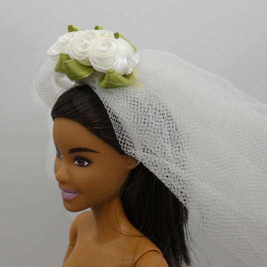 Barbie Doll Size Bridal Veil Double Layered Tulle White Rose Flowers Headpiece