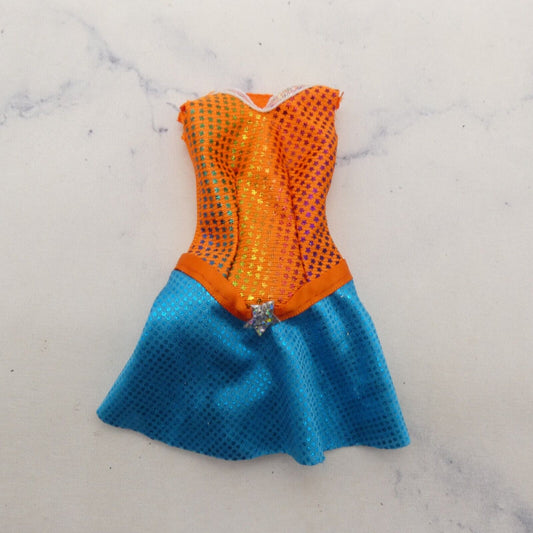 Barbie Doll Size Dress Orange Top Metallic Stars Teal Blue Skirt Raw Edges