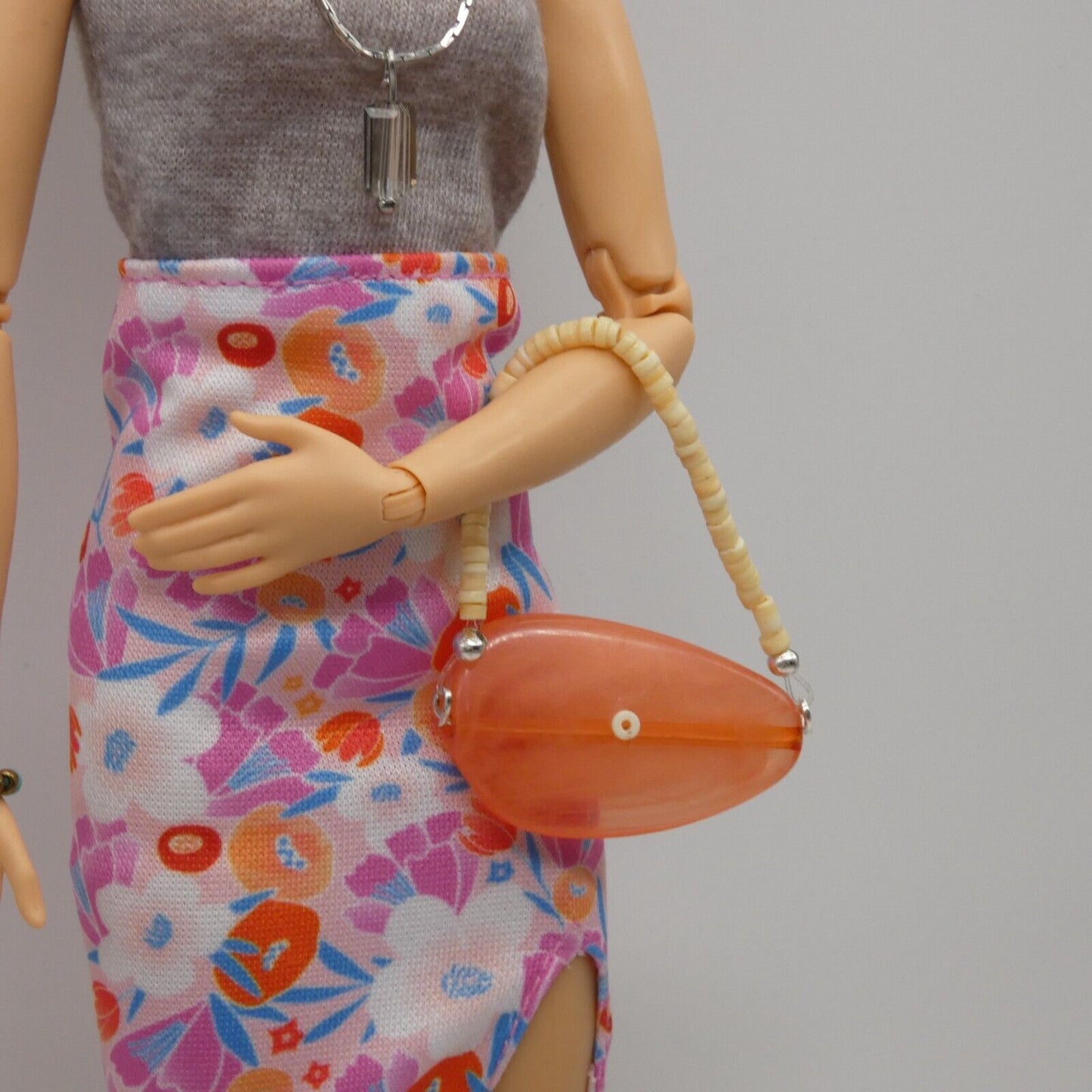 Barbie Doll Size Peach Jewel Purse Off White Beaded Handle Handbag Boho OOAK