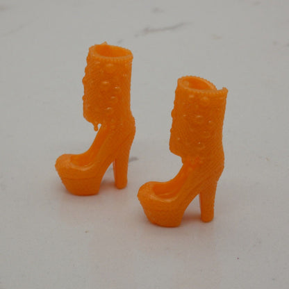 Barbie Doll Size Shoes High Heel Orange Tall Ankle Strap Closed Toe Texture