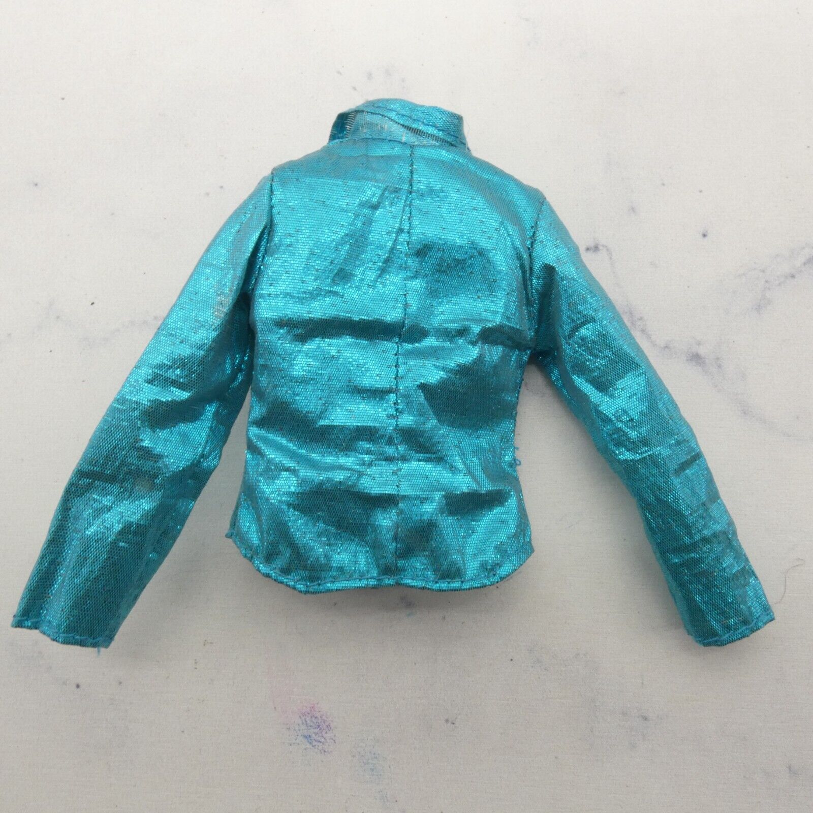 Barbie Doll Size Top Turquoise Metallic Long Sleeve Collar Front Closure 90s