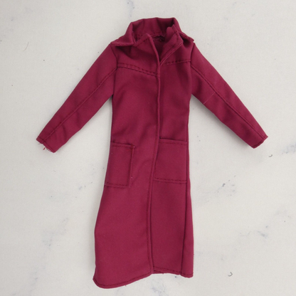 Barbie Doll Size Trench Coat Jacket Burgundy Red Long Sleeve Knee Length