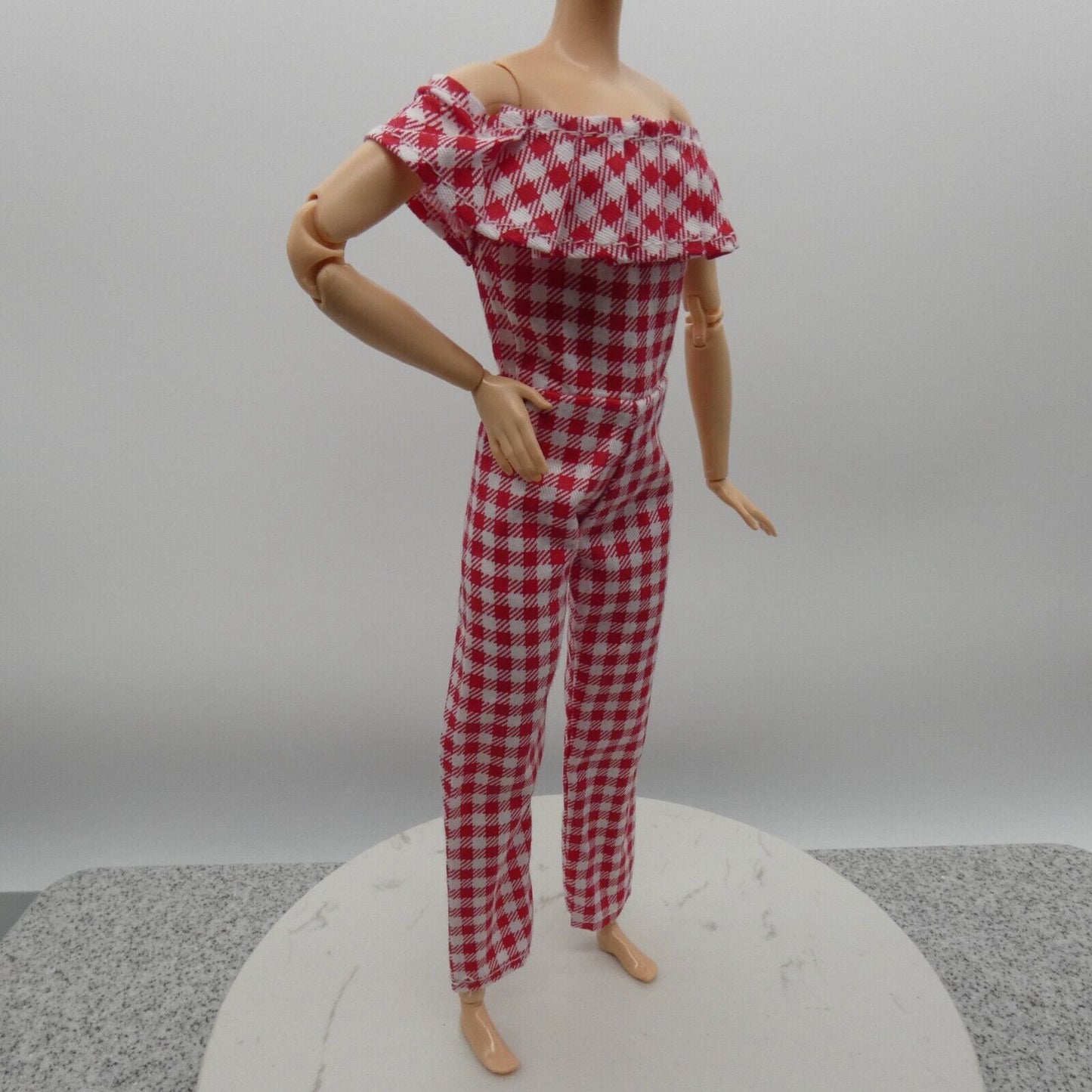 Barbie Doll Size Jumpsuit Red White Gingham Cold Shoulder Ankle Fit Made To Move