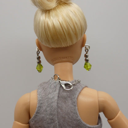 Barbie Doll Size Necklace And Earrings Green Faceted Pendant Silver Chain