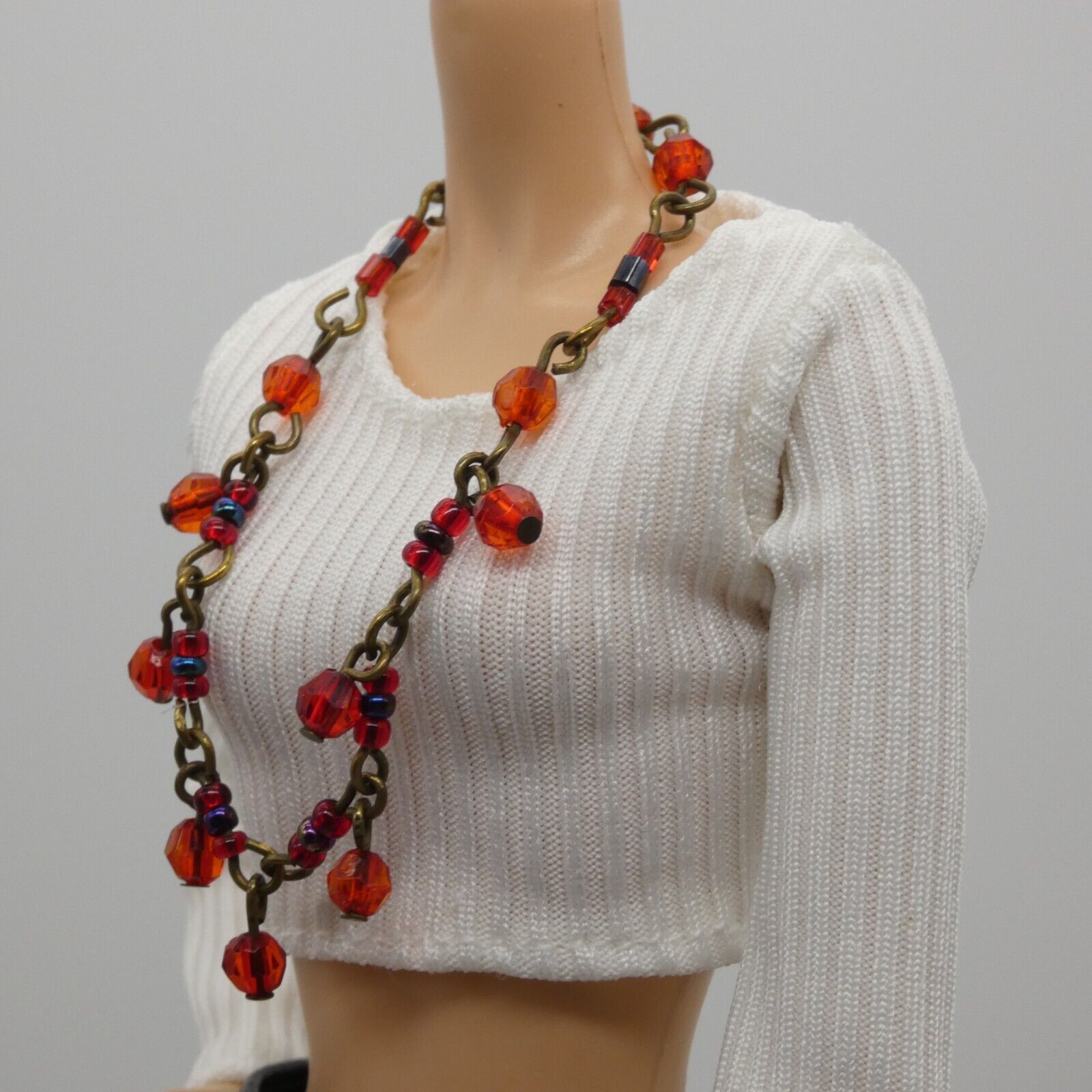 Barbie Doll Size Necklace Red Blue Beaded Bronze Chain fits 11.5 Inch Handmade