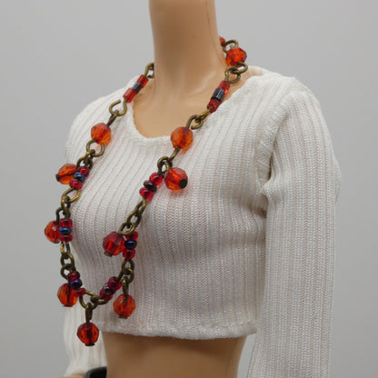 Barbie Doll Size Necklace Red Blue Beaded Bronze Chain fits 11.5 Inch Handmade