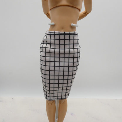 Barbie Doll Size Skirt White Checker Block Pencil Knee Length Fits Fashionistas