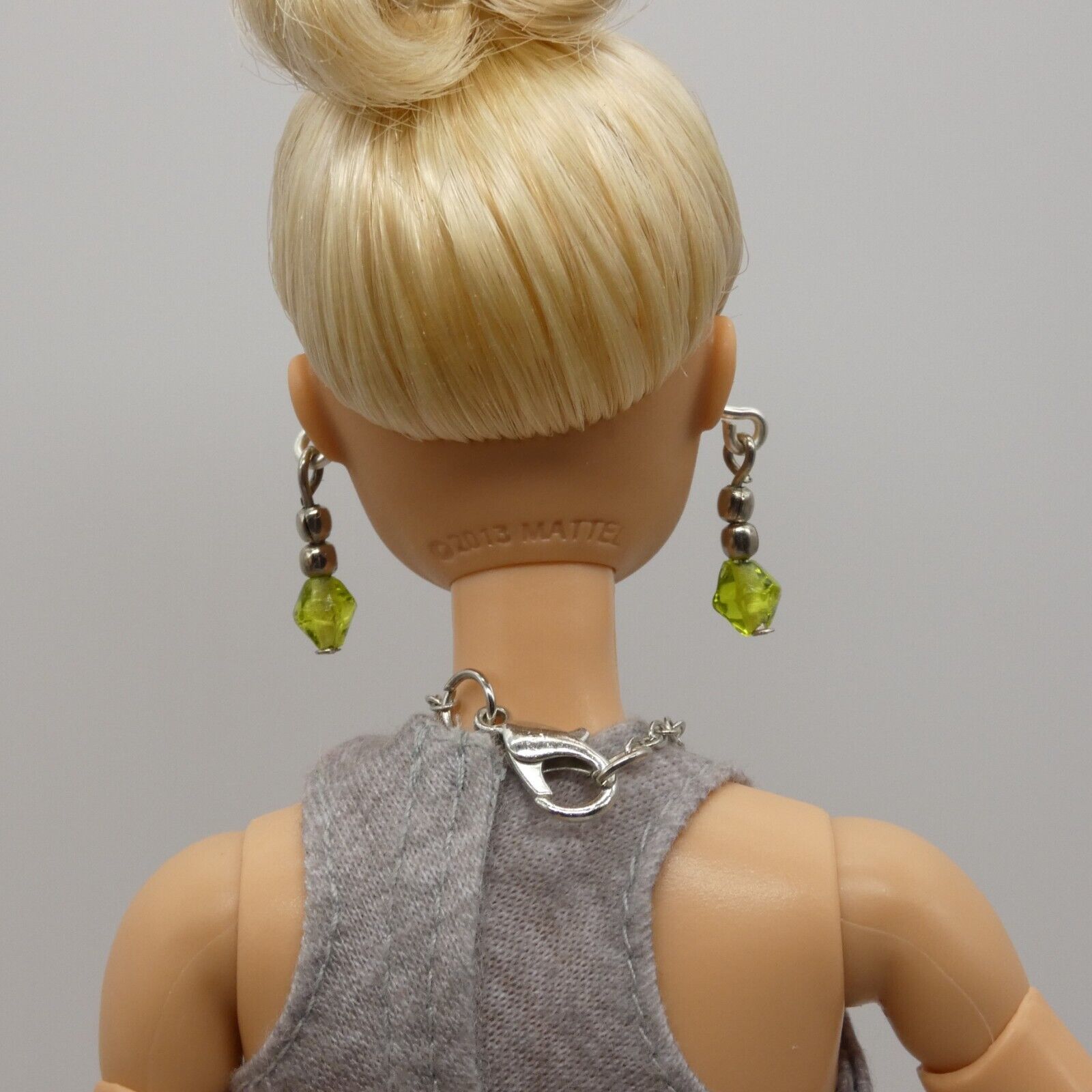 Barbie Doll Size Necklace And Earrings Green Faceted Pendant Silver Chain