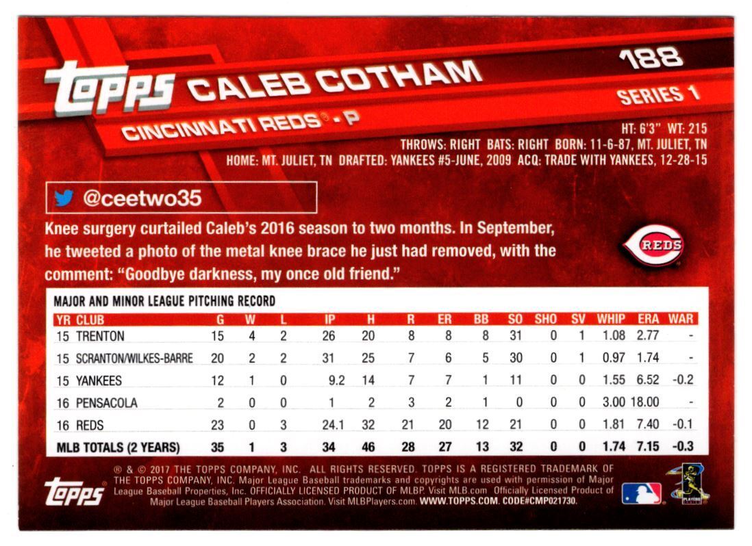 2017 Topps Caleb Cotham Cincinnati Reds #188