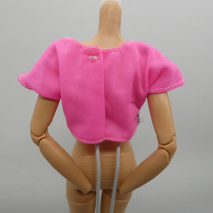 Barbie Doll Size Crop Top White Black Striped Pink Back Midriff Short Sleeve 80s