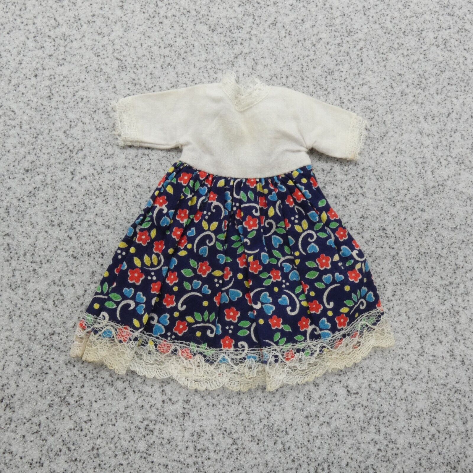 Barbie Doll Size Fashion Dress Navy Blue Floral Print Skirt White Top Lace Trim