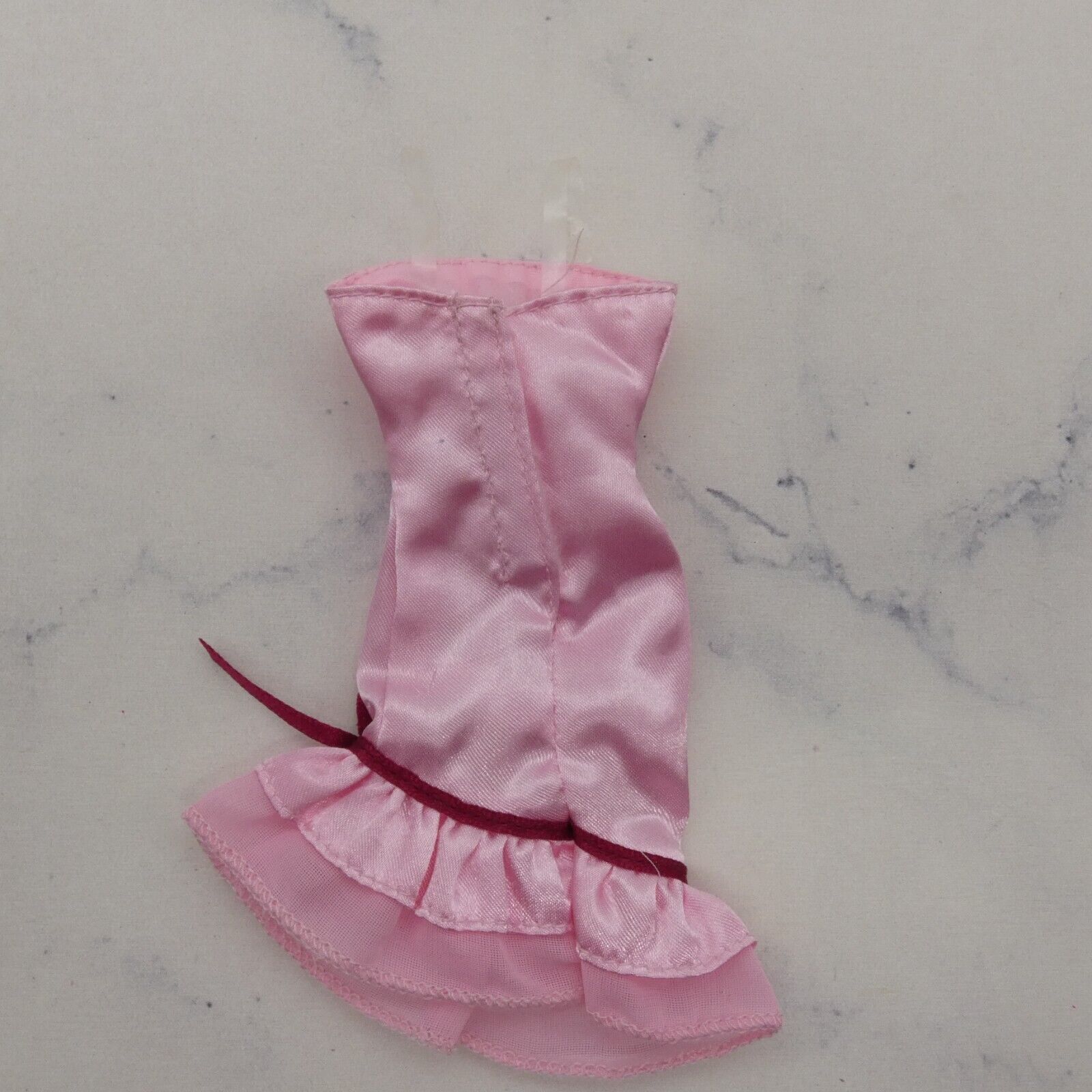 Barbie Doll Size Dress Pink Satin Like Sleeveless Clear Straps Burgundy Bow