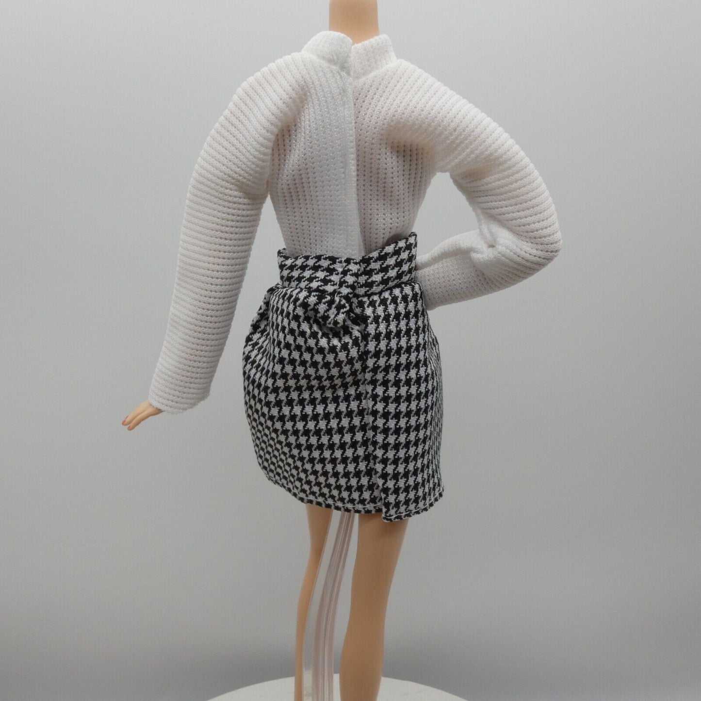 Barbie Doll Size Black White Houndstooth Dress Long Sleeve Fits Model Muse MTM