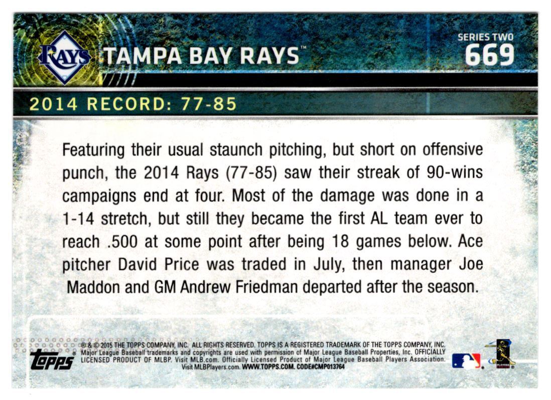 2015 Topps Tampa Bay Rays Tampa Bay Rays #669