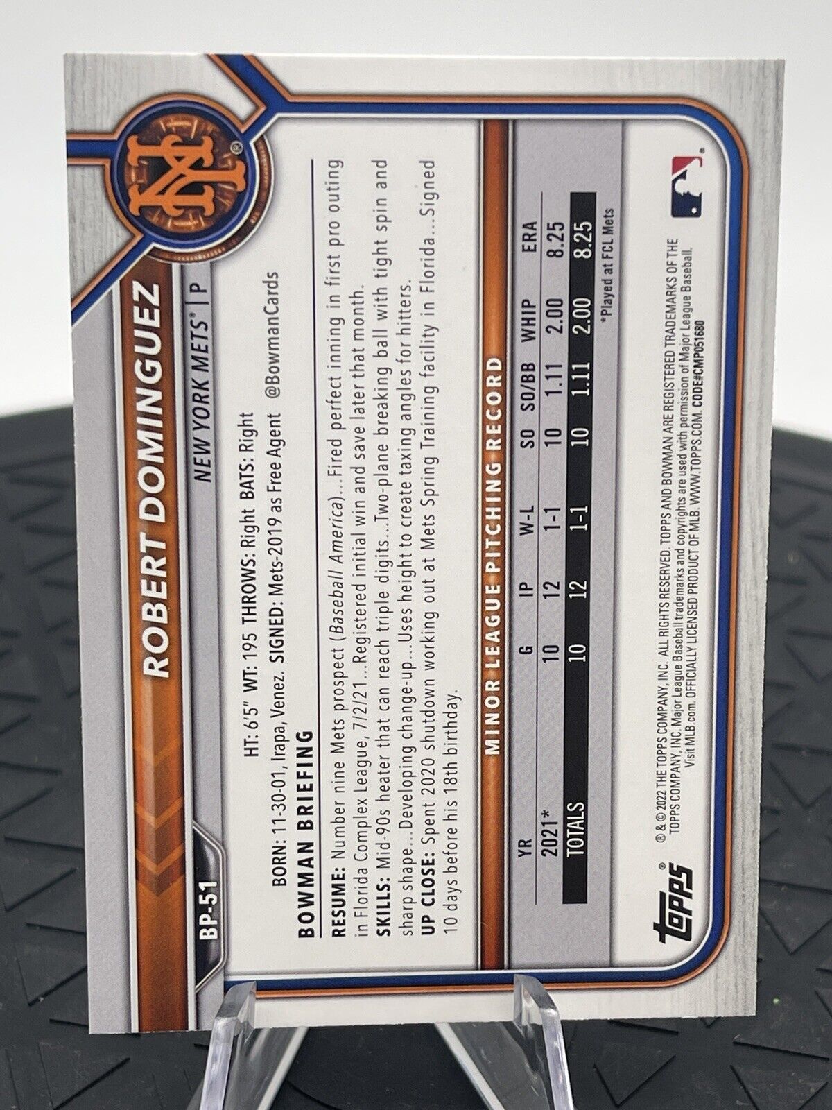 2022 Bowman Prospect #BP-51 Robert Dominguez - New York Mets