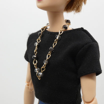 Barbie Doll Size Rose Gold Tone Chain Necklace Black White Rhinestone Handmade