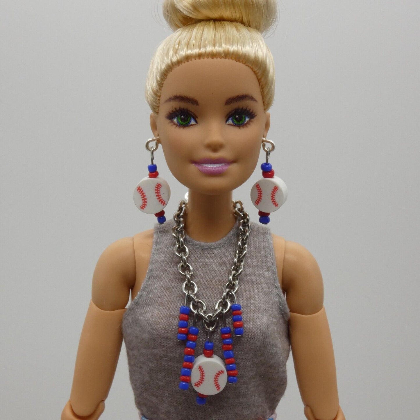 Barbie Doll Size Baseball Earrings And Necklace Blue Red Beads Texas Rangers