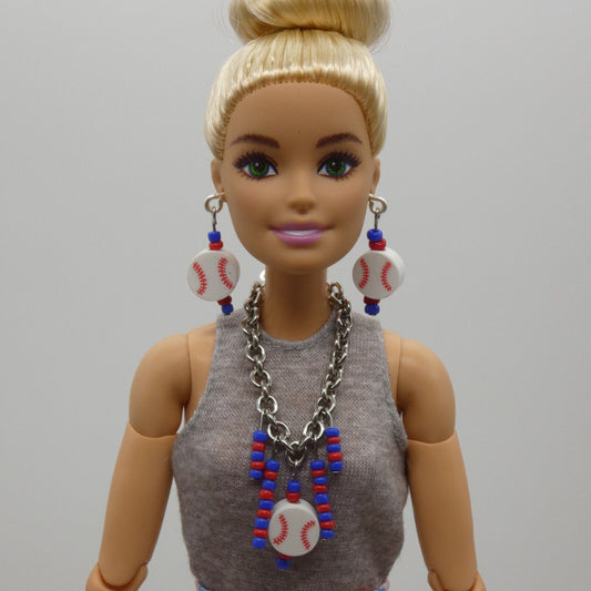 Barbie Doll Size Baseball Earrings And Necklace Blue Red Beads Texas Rangers