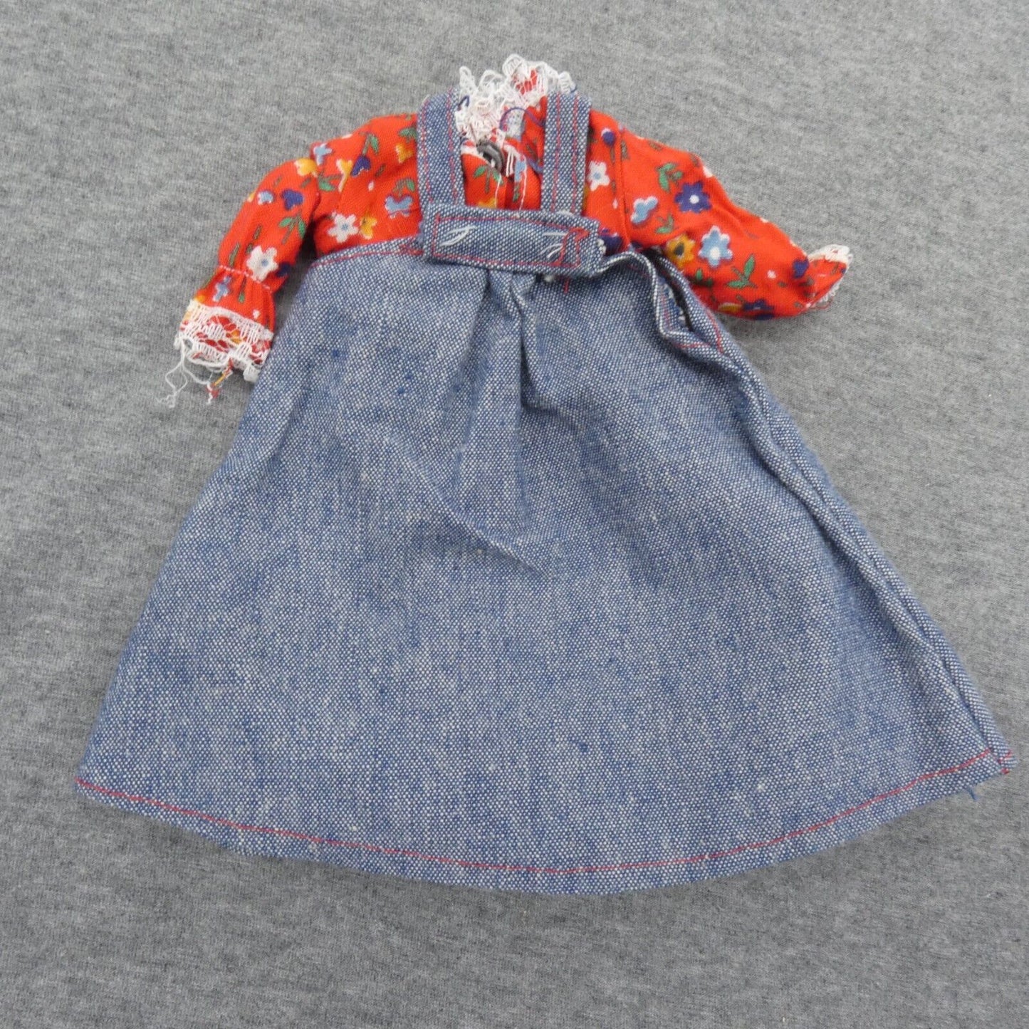 Barbie Doll Size Dress Red Floral Top Blue Denim Overalls Lace Trim Knee Length