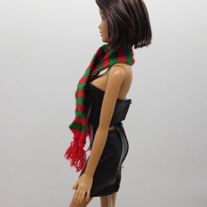 Scarf For Integrity Toys Barbie Size Doll Red Green Stripe Fringe Knitted FR