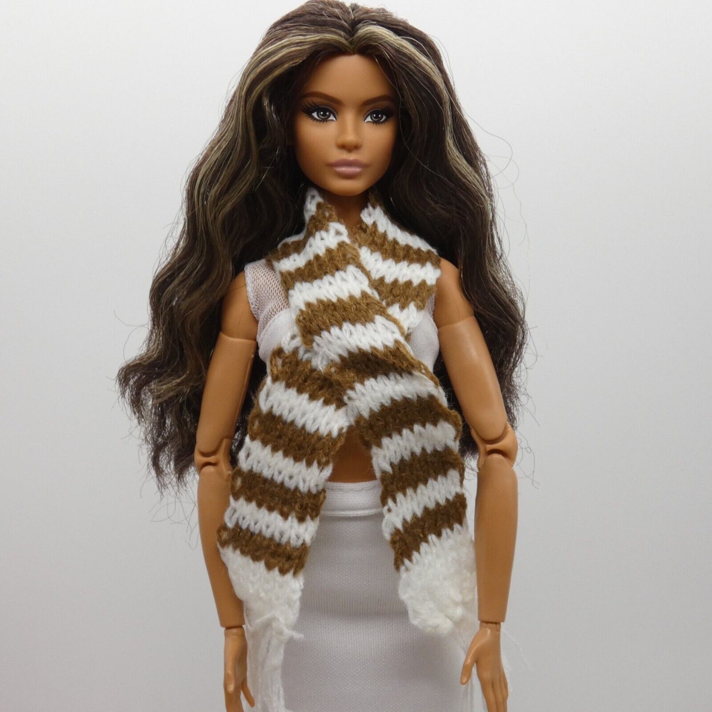 Scarf For Integrity Toys Barbie Size Doll Brown White Stripe Fringe Knitted FR