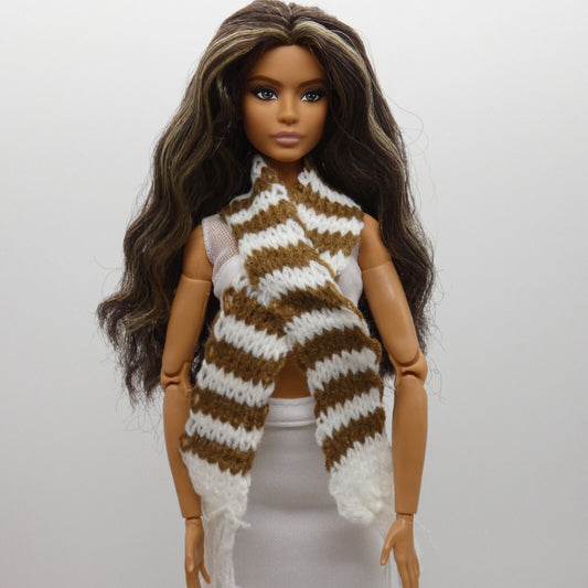 Scarf For Integrity Toys Barbie Size Doll Brown White Stripe Fringe Knitted FR