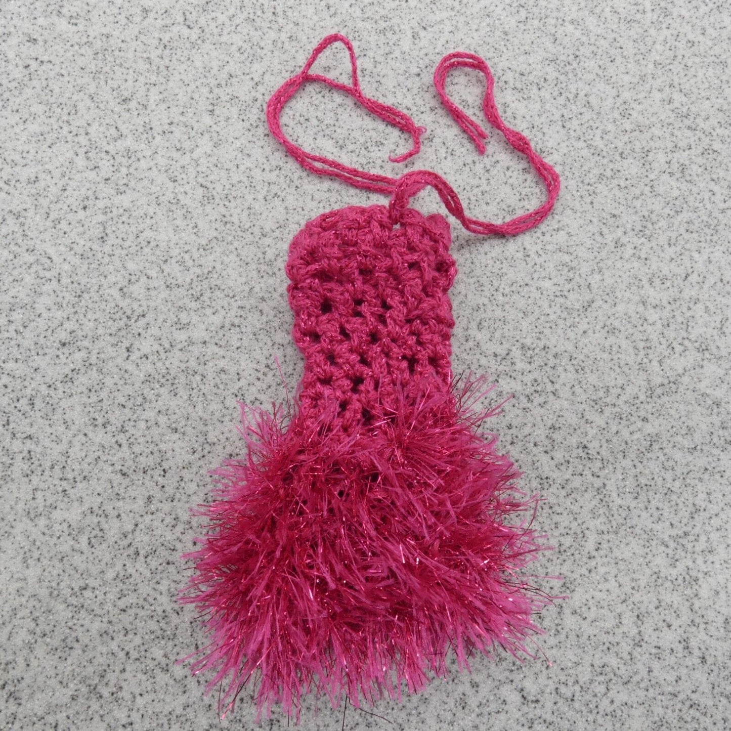 Barbie Doll Size Dress Pink Knit Yarn Fringe Sleeveless Halter Cocktail Homemade