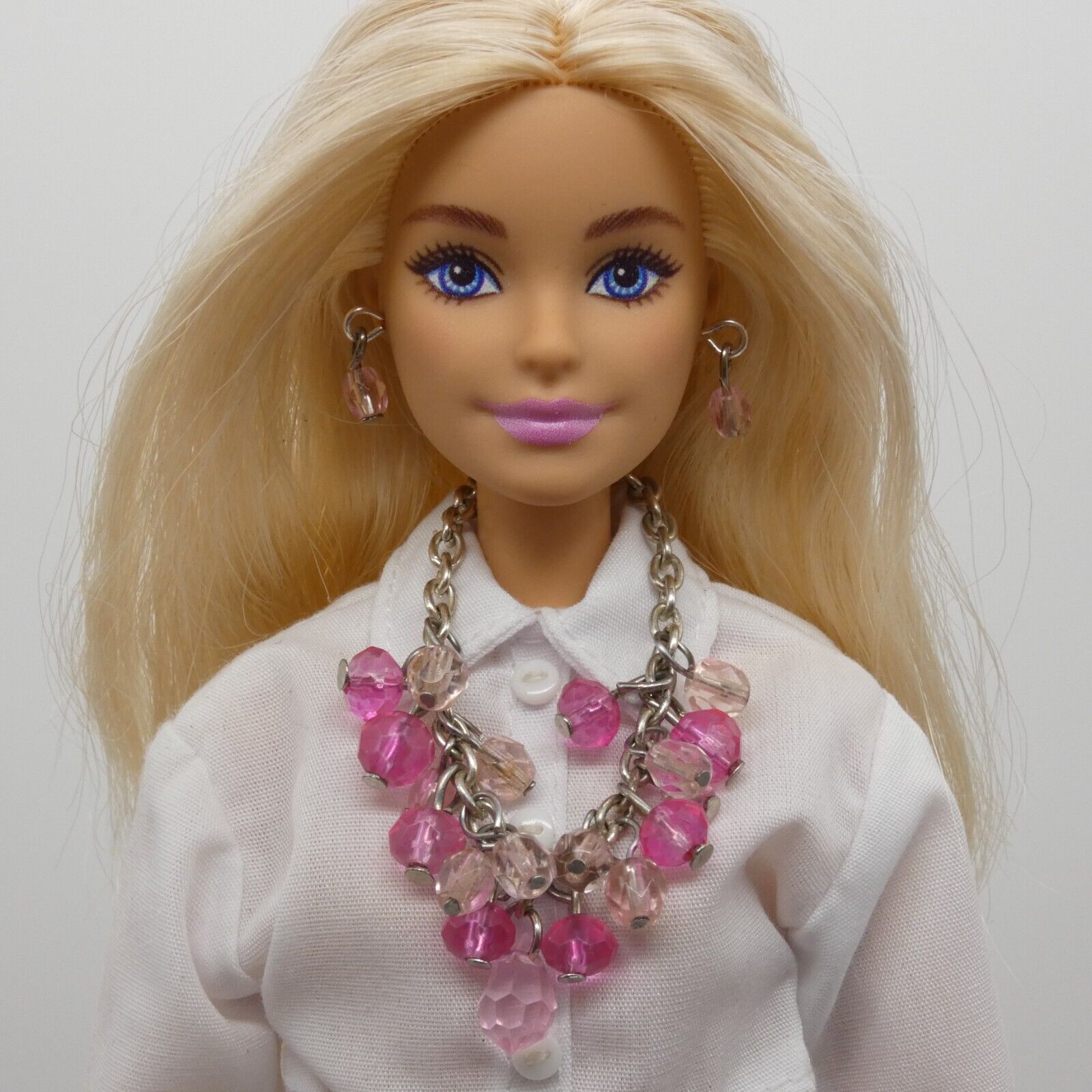 Barbie Doll Size Necklace Earrings Pink Faceted Dangle Beads Silver Chain OOAK