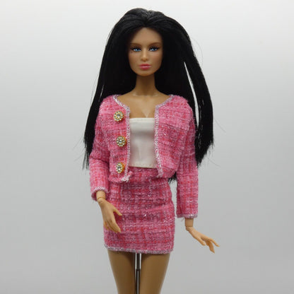 Barbie Doll Size Pink Tweed Suit Jacket Skirt Tube Top Fits Model Muse Xian Xian