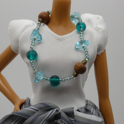 Barbie Doll Size Blue Teal Turquoise Long Beaded Necklace Wood Beads Fashion