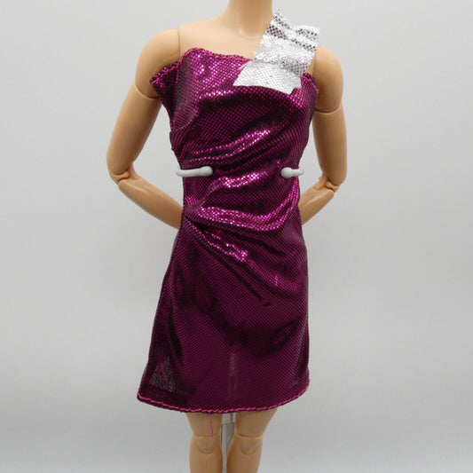 Barbie Doll Size Dress Pink Metallic Magenta One Shoulder Silver Strap Clone