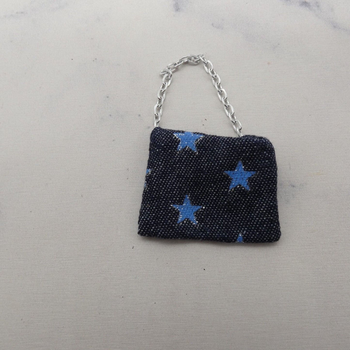 Barbie Doll Size Purse Dark Blue Denim Like Handbag Stars Silver Tone Chain