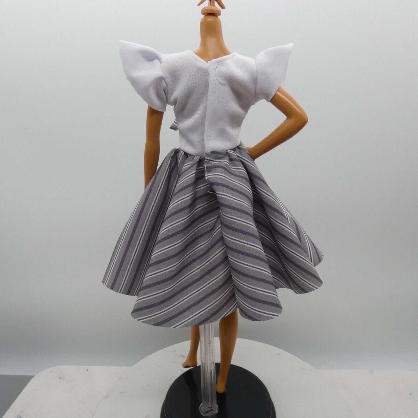 Barbie Doll Size Dress White Top Black Gray Striped Skirt Fits Model Muse MTM