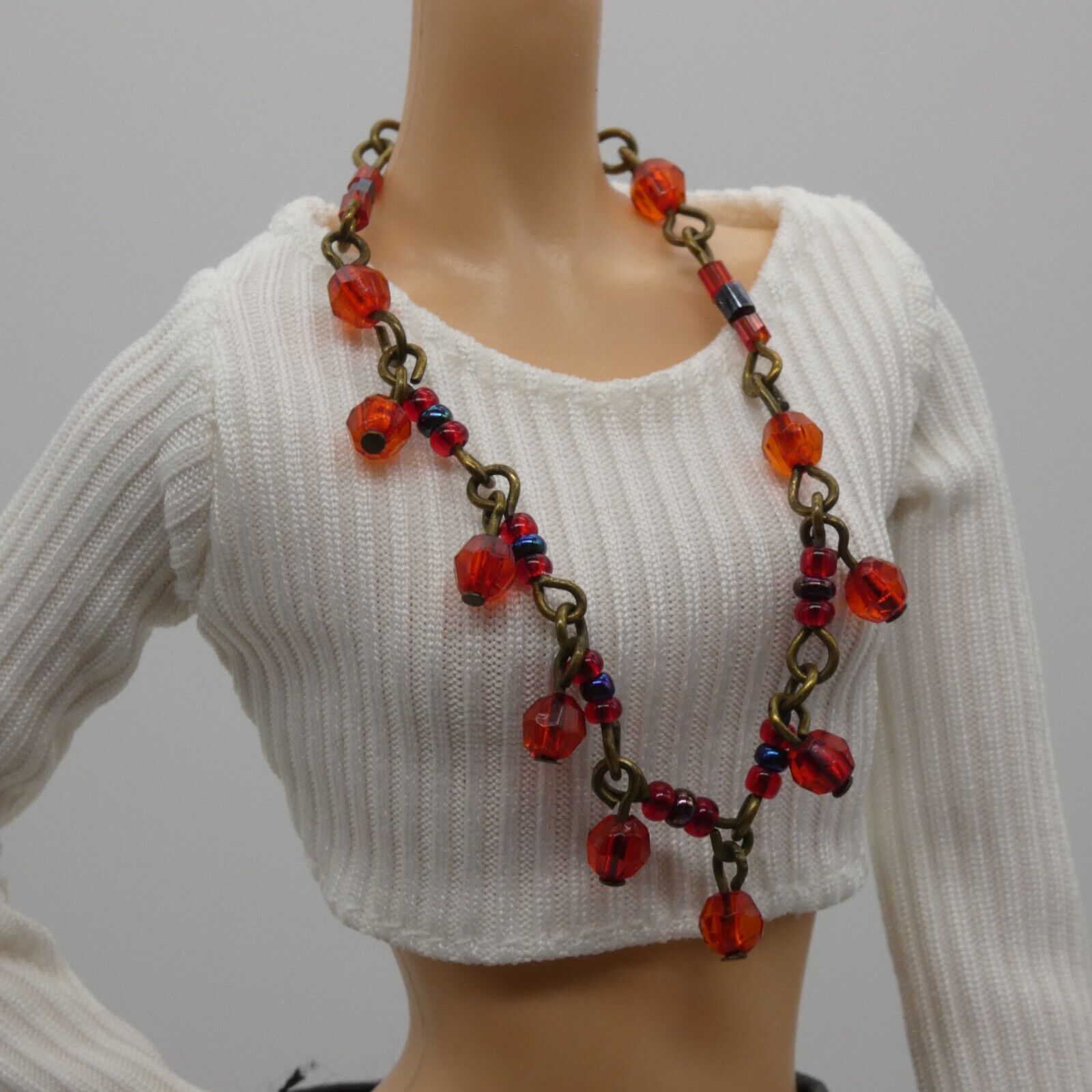 Barbie Doll Size Necklace Red Blue Beaded Bronze Chain fits 11.5 Inch Handmade