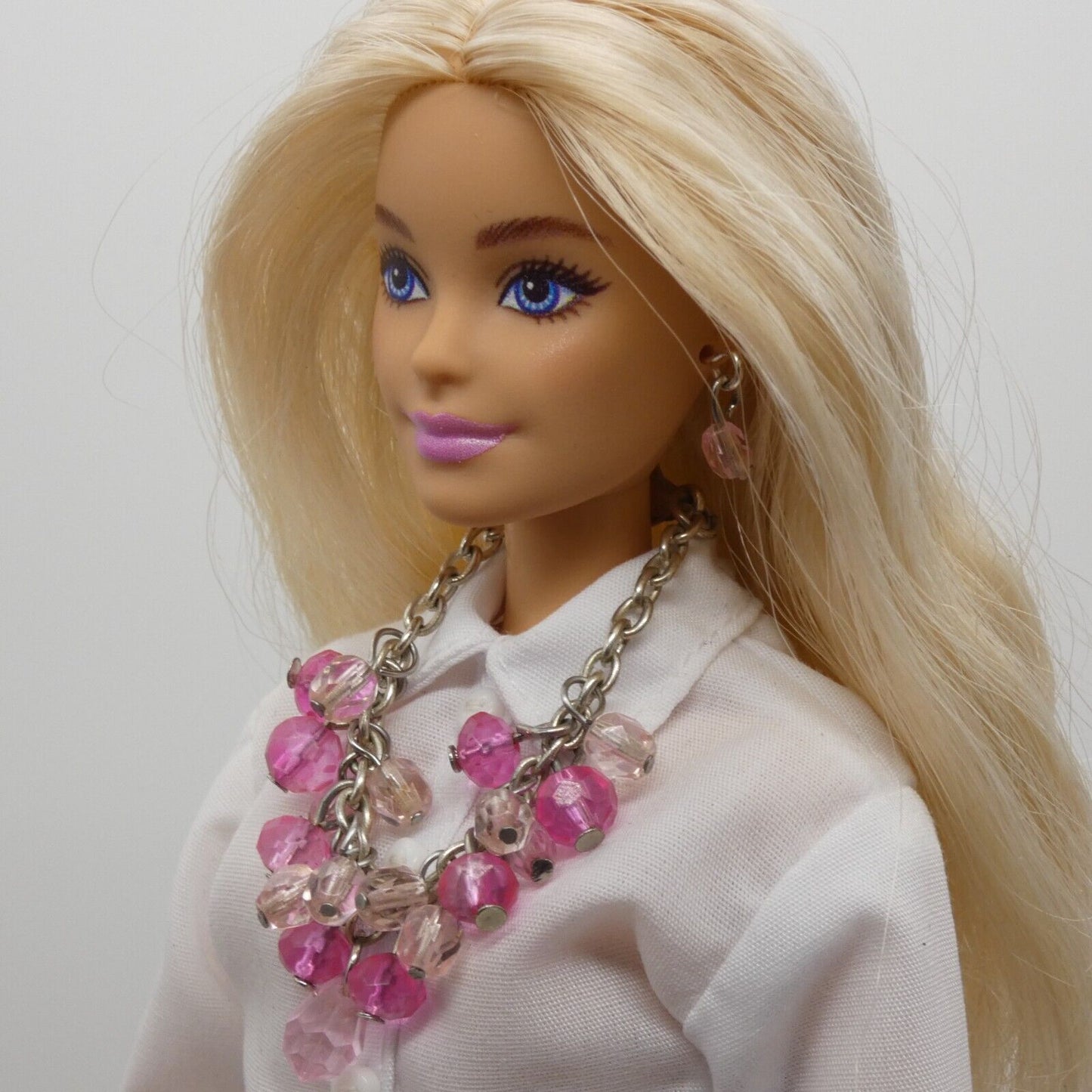 Barbie Doll Size Necklace Earrings Pink Faceted Dangle Beads Silver Chain OOAK