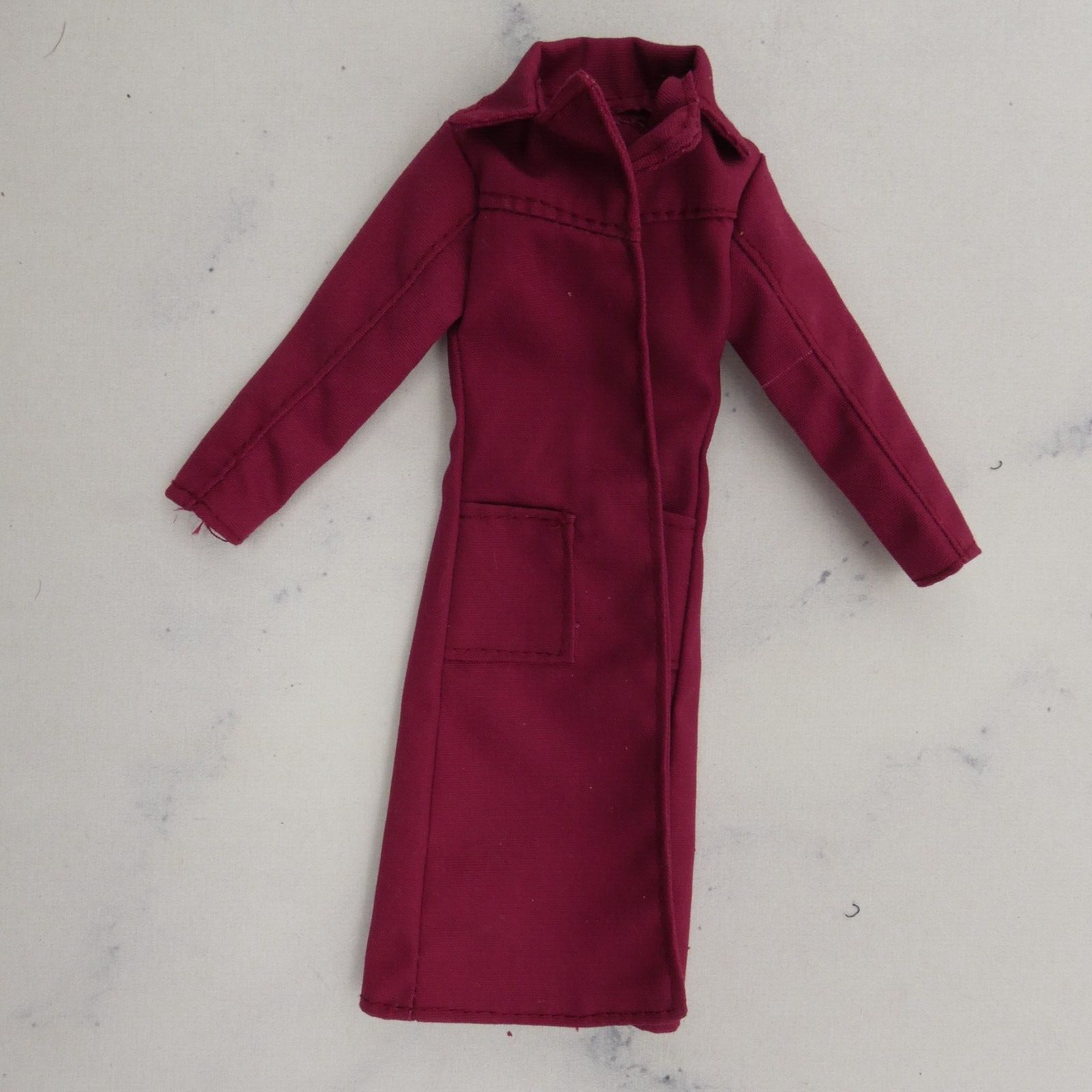 Barbie Doll Size Trench Coat Jacket Burgundy Red Long Sleeve Knee Length