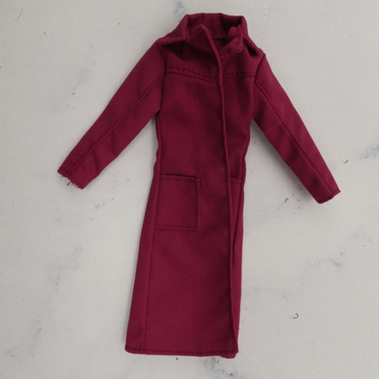 Barbie Doll Size Trench Coat Jacket Burgundy Red Long Sleeve Knee Length