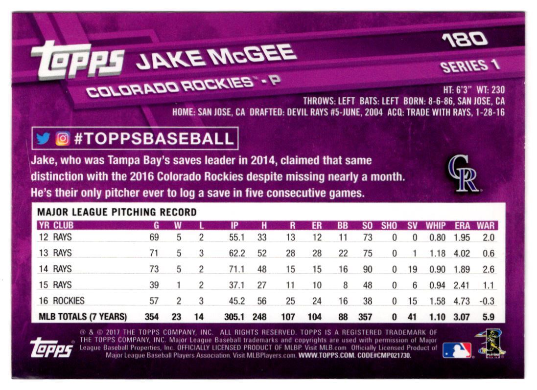 2017 Topps Jake McGee Colorado Rockies #180