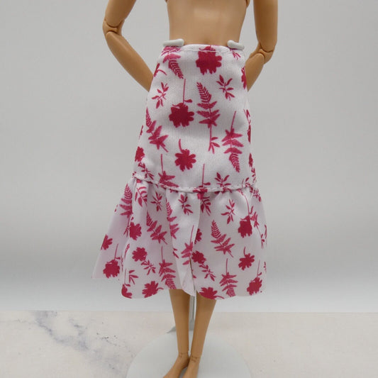 Barbie Doll Size Skirt White Midi Shin Length Red Floral Print Open Front Slit