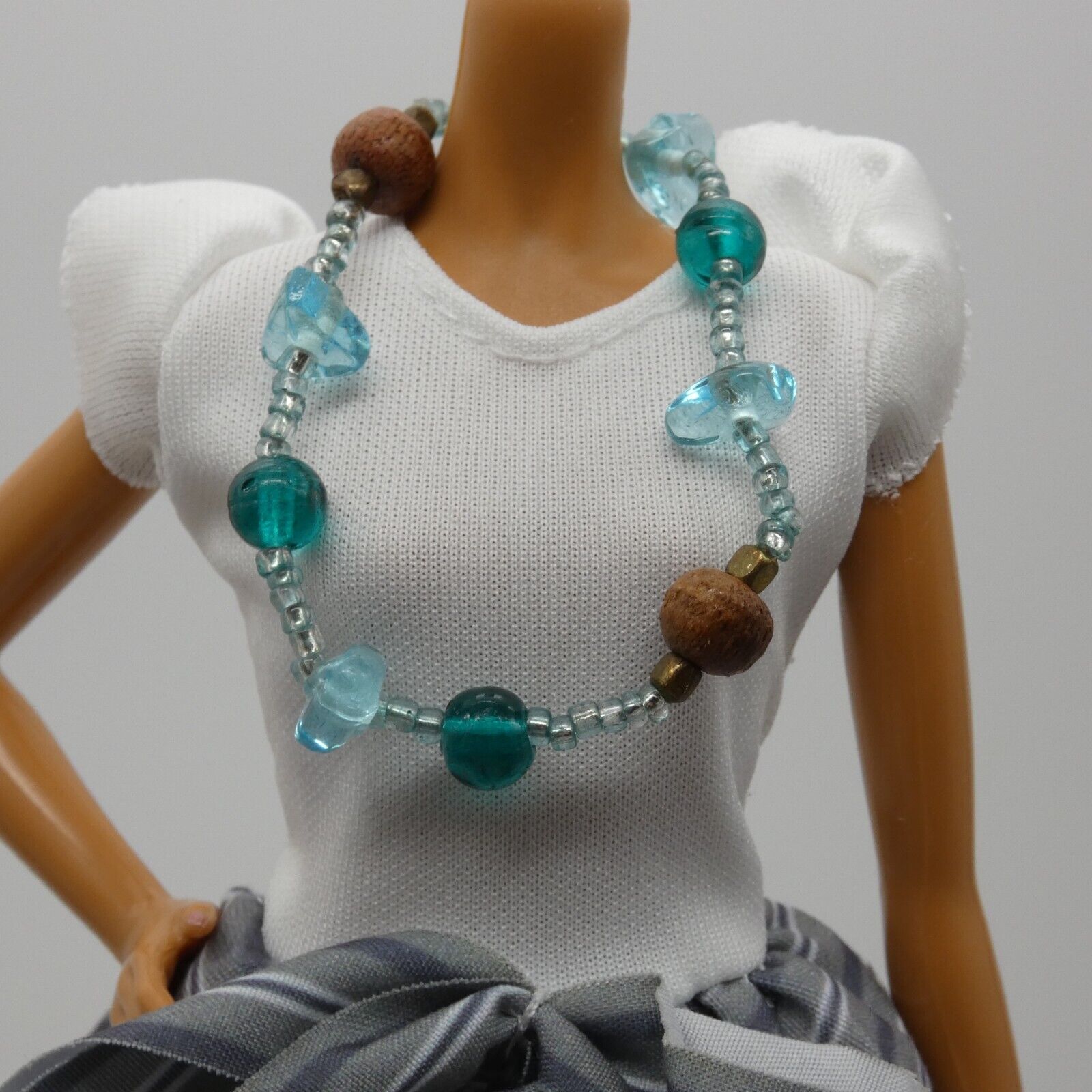 Barbie Doll Size Blue Teal Turquoise Long Beaded Necklace Wood Beads Fashion